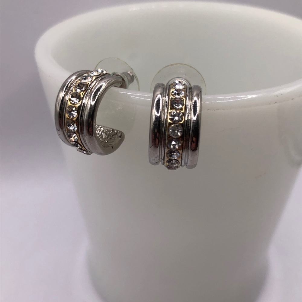 Two-tone Silver & Gold Crystal Rhinestone Hoop Earrings